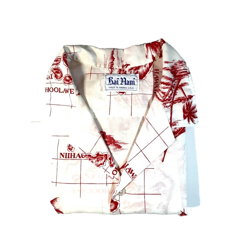 Vintage Rai Nani Made In Hawaii Hawaiian Aloha Shirt Red White Island Map USA L